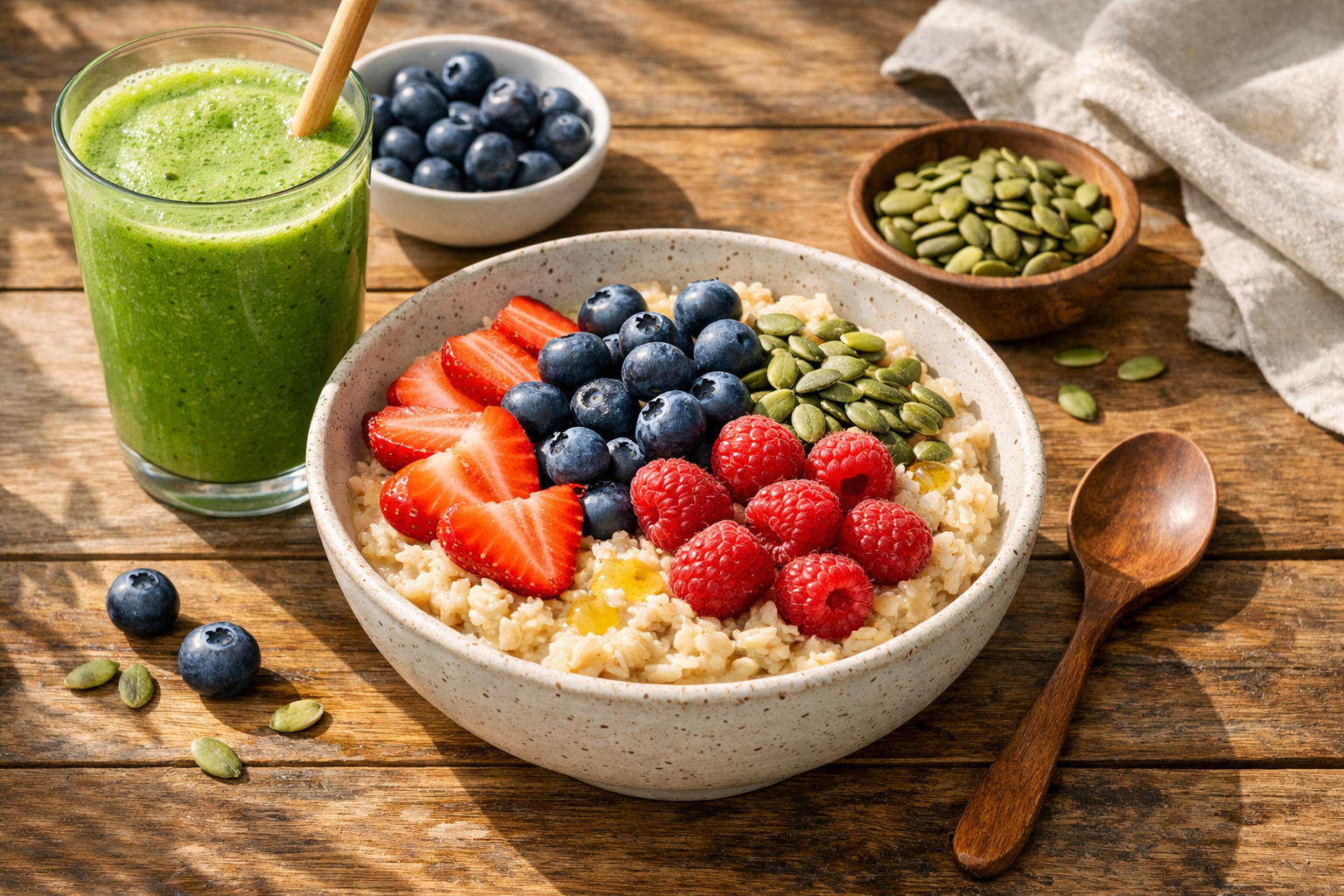 Fresh oatmeal breakfast bowl with berries, pumpkin seeds and green smoothie on wooden table, natural morning light, healthy lifestyle concept