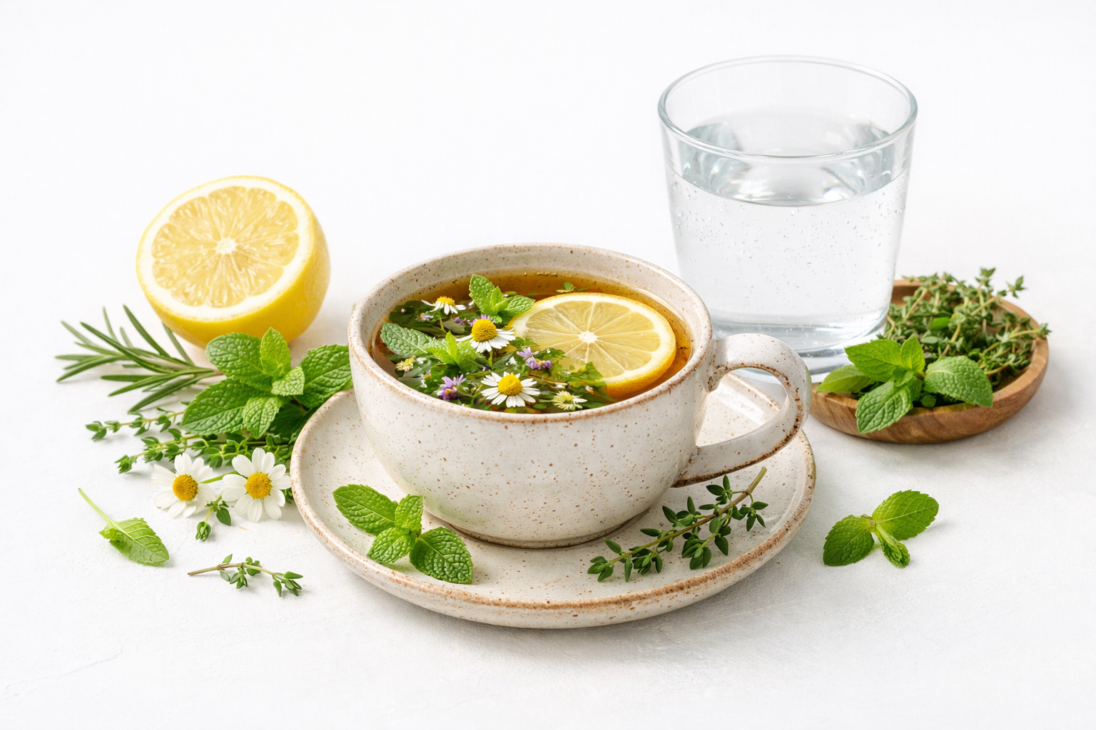 Warm herbal tea in ceramic cup with fresh herbs, lemon slice and water glass on clean white background, wellness hydration concept